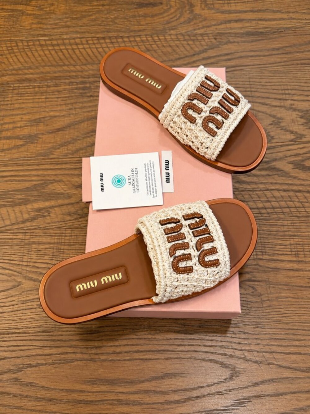 Miu Miu Logo Crochet Slide Sandals NWT Size 7 Ivory Cognac $1350 Retail